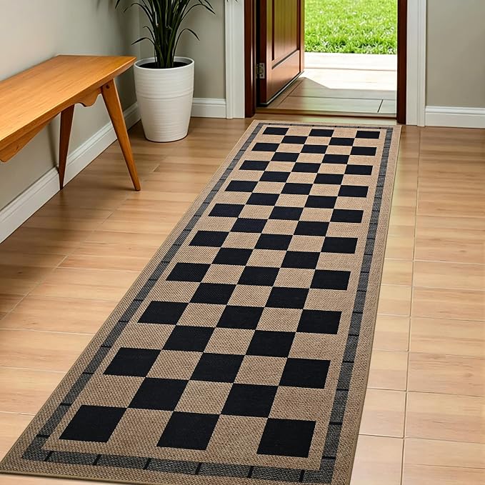 2.5x8 Jute Checkered Runner Rugs, Outdoor Runner Rug, Hallway Runner Rug | Washable Patio Porch Balcony Runners Indoor Bedroom Kitchen Laundry Mat, Non Slip Plaid Farmhouse Carpet, Black and Brown