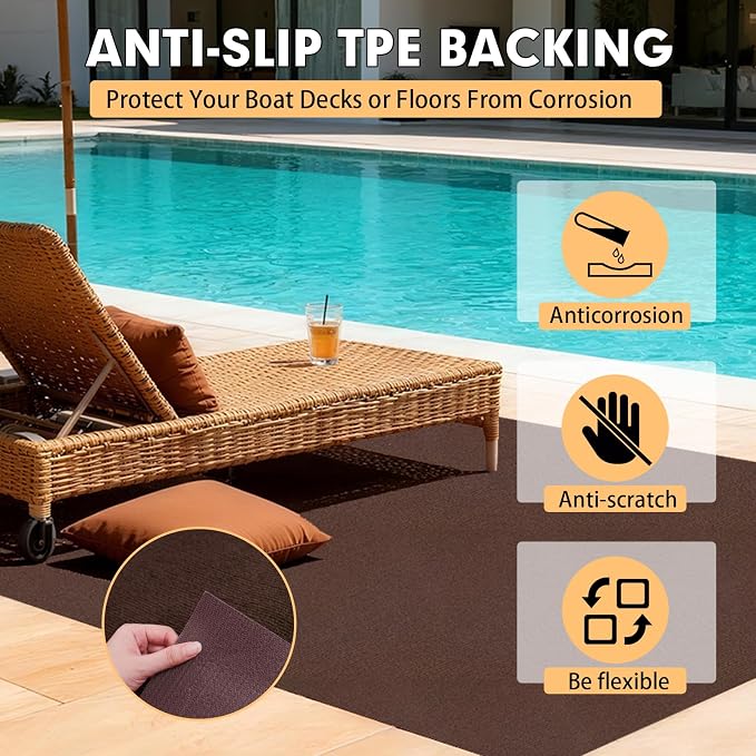 Grefinity Marine Carpet,6 FT x 14 FT Brown Indoor Outdoor Carpet 0.2" Thick Boat Rug with Water-Proof TPE Backing for Home, Patio, Porch, Deck