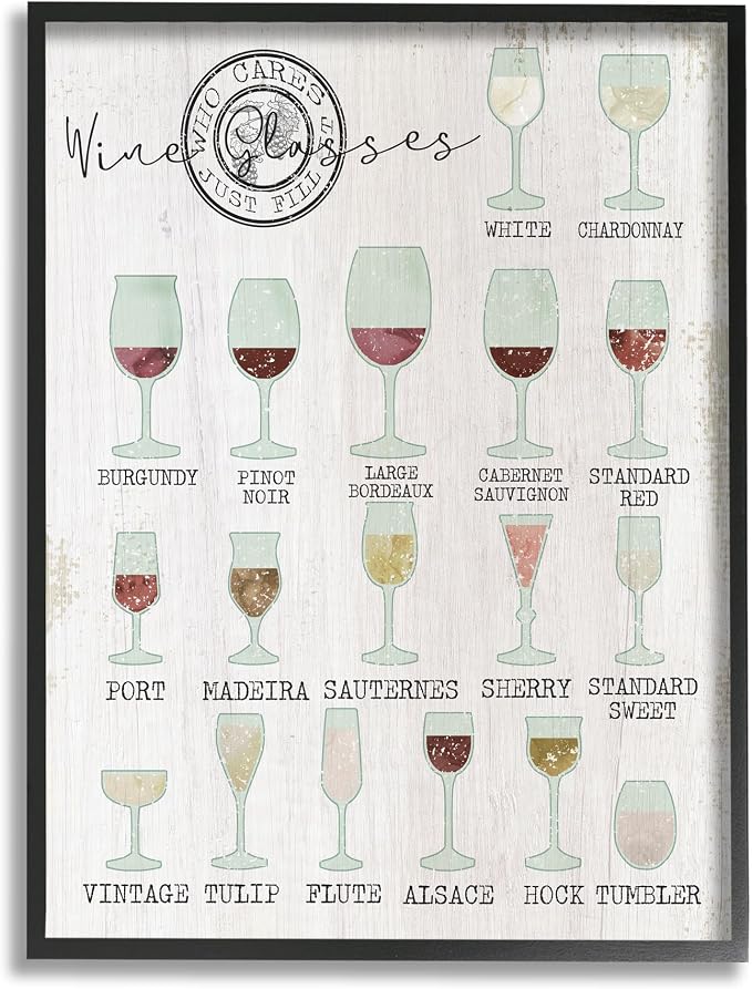 Wine Glasses Chart Kitchen, 16 x 20 Inch Framed Giclée Print | Stupell Industries | Black, 16 x 20 Inches, Easy to Hang and Sturdy, Made in USA, by Lil' Rue