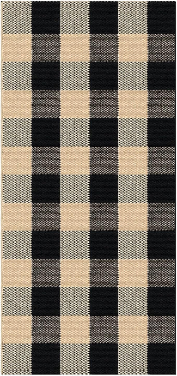 KOZYFLY Buffalo Plaid Area Rugs 2x4.3 Ft Brown and Black Rug Washable Front Door Mat Woven Cotton Indoor Outdoor Rug for Front Porch Kitchen Entryway Patio Farmhouse Checkered Doormat