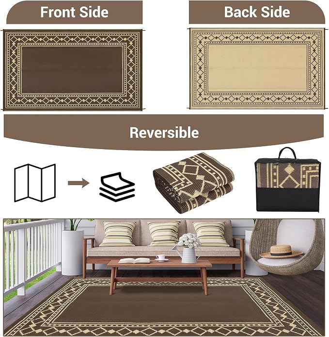 Waterproof Outdoor Rug – 9x12ft Reversible Plastic Straw Patio Carpet, Easy Clean, Non-Slip, Durable – Peony Brown/Coffee – Specification