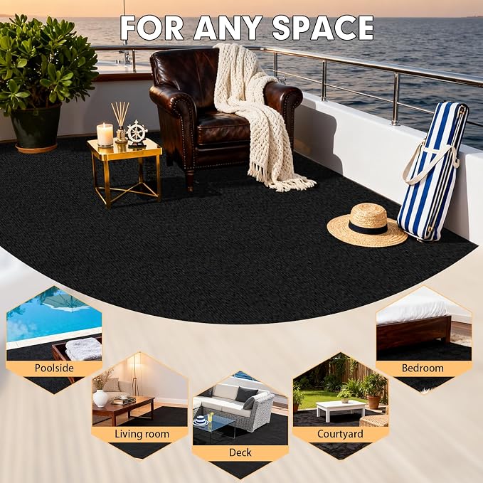 Grefinity Marine Carpet,6 FT x 14 FT Black Indoor Outdoor Carpet 0.2" Thick Boat Rug with Water-Proof TPE Backing for Home, Patio, Porch, Deck