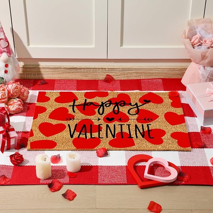 Moucuny 2 Pcs Valentine's Day Coir Welcome Doormat Valentine's Day Rug Outdoor Layered Buffalo Plaid Red and White Mat Red Heart Mat for Front Porch Outdoor Entryway