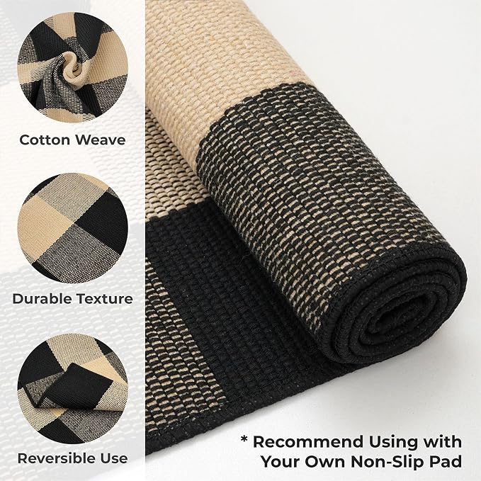 KOZYFLY Buffalo Plaid Area Rugs 2x4.3 Ft Brown and Black Checkered Rug Washable Front Door Mat Hand Woven Cotton Outdoor Rugs Small Rug for Front Porch Kitchen Entryway Patio Bathroom