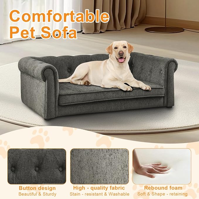 Dog Sofa for Small & Medium Dogs | Removable & Washable | No Assembly Required | Breathable Linen Fabric | Soft Foam |Floor-friendly sofa legs | Dark grey