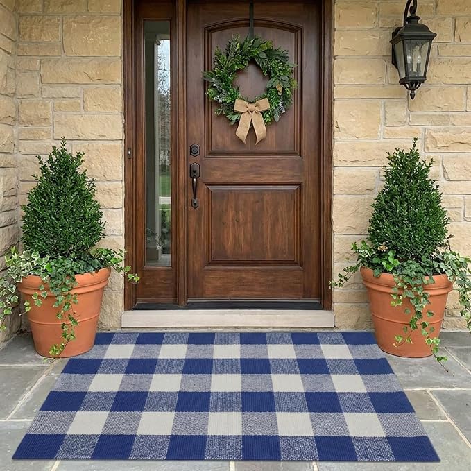 SEEKSEE Buffalo Plaid Outdoor Rug 27.5x43 Blue and White Front Door Mat, Layering Rug for Porch, Summer Doormat, Front Porch Rug for Outdoor Entrance Entryway Patio Porch Decor