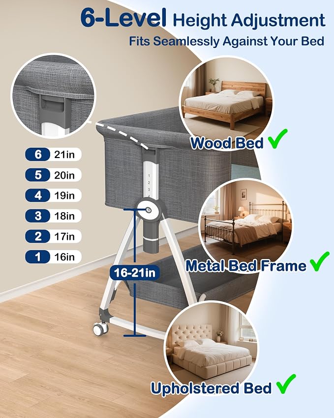 Bedside Dog Bed,6-Height Adjustable Pet Bassinet for Medium & Large Dogs | 6-Height Adjustable Side-Sleeper, Elevated Bed Extension for Humans, Washable Small Dog & Cat Couch with Sides, 30"x21"