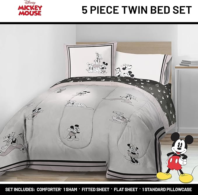 Disney Mickey Mouse and Friends Twin Comforter Set 5 Piece Bedding, Beige | Minnie Donald Goofy, Bed in a Bag, Comforter Sheets Sham Pillowcase, Official Product, Soft Microfiber, Machine Washable