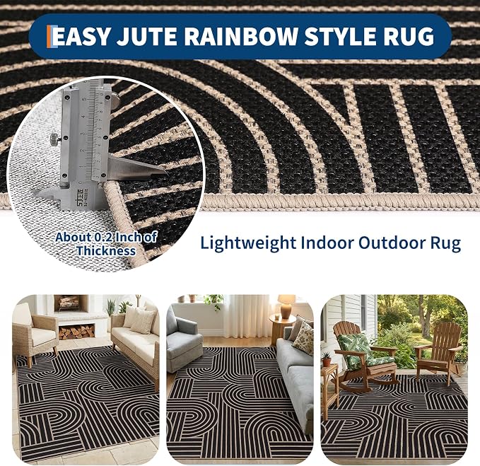 GarveeHome Modern Rainbow Easy Jute 3x5 Rug, Indoor/Outdoor Patio & Entryway Mat, Washable Non-Slip Carpet for Mudroom, Farmhouse Decor and Front Door