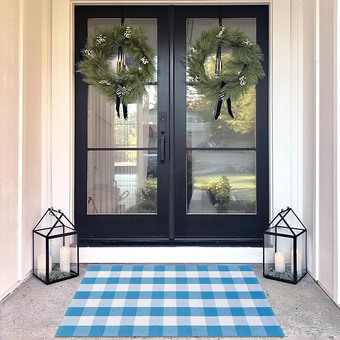 Buffalo Plaid Outdoor Rugs, 3'x5' Blue and White Checkered Indoor Outdoor Area Rug, Layering Rug for Welcome Door Mat, Washable Cotton Woven Farmhouse Mat for Spring Easter Front Porch Décor