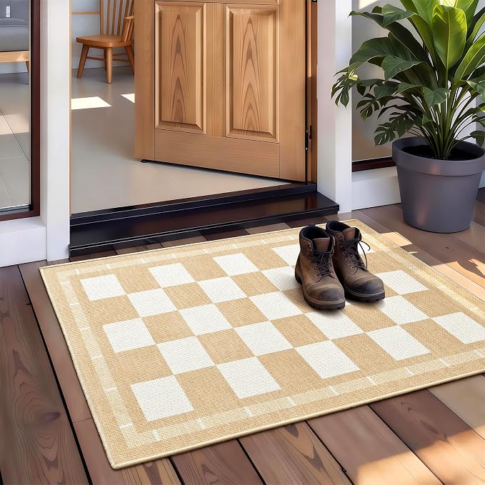 Vasofe Jute Checkered Outdoor Rug, 2x3 Small Entry Rug, Washable Indoor Mat | Front Door Mat, Non-slip Bedroom Bedside Rugs, Entrance Doorway Kitchen Mats, Plaid Farmhouse Porch Carpet, Khaki and White