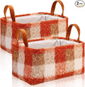 2 Pcs Orange Checkered Storage Basket 14x10'' Fall Gift Baskets | Back to School Gift, Plaid, Foldable, Fluffy Boucle, Laundry, Closet Organizer Bin with Handle, Autumn, Home Tabletop Car