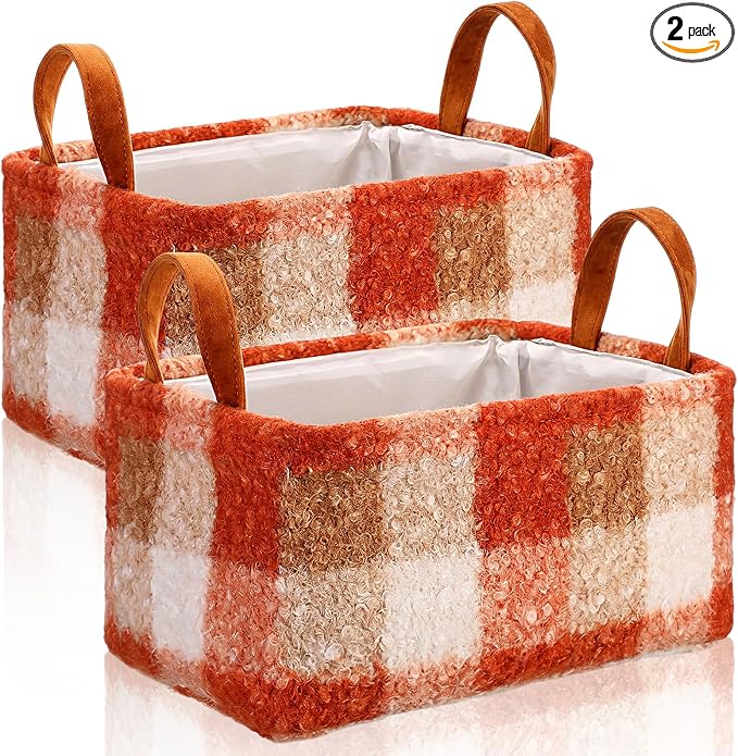 2 Pcs Orange Checkered Storage Basket 14x10'' Fall Gift Baskets | Back to School Gift, Plaid, Foldable, Fluffy Boucle, Laundry, Closet Organizer Bin with Handle, Autumn, Home Tabletop Car