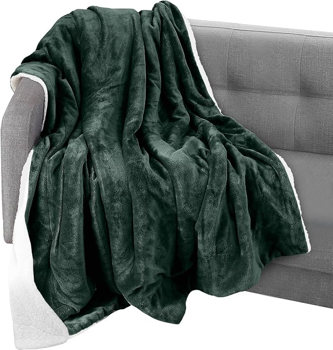 Elegant Comfort Throw Blanket, Reversible Sherpa Flannel, Ultra-Soft, Fuzzy, Cozy and Plush- All Season Lightweight Decorative Throw, 50 x 60 inches, Solid Sherpa Throw, Hunter Green