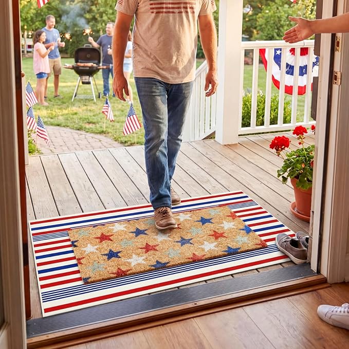 Moucuny 2 Pcs 4th of July Patriotic Coir Door Mat 24'' x 35'' Red Blue White Patriotic Outdoor Rug 16'' x 28'' Star Coir Doormat Non Slip Independence Day Welcome Doormat for Outside Porch Front Decor