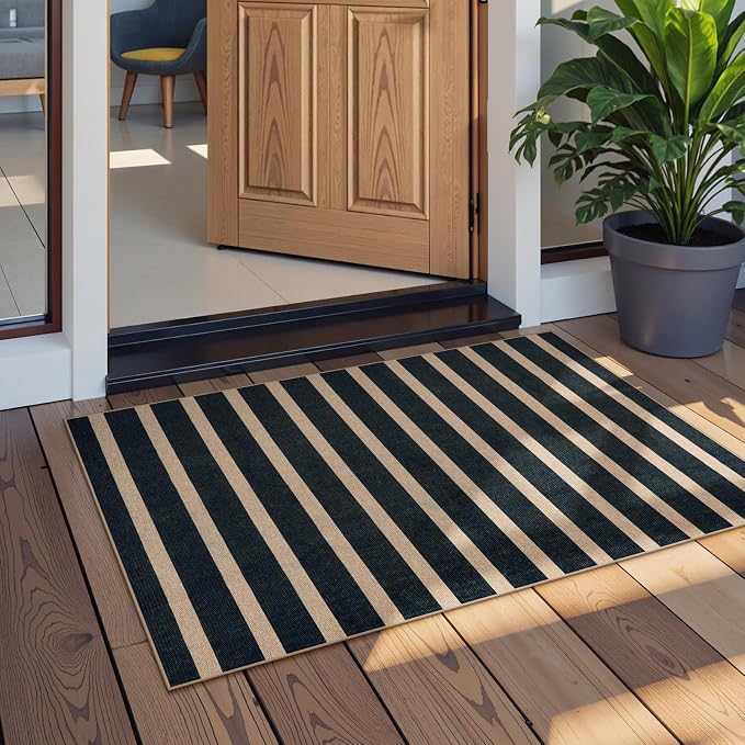 Lahome Striped Easy Jute Front Door Mat, 2x3 Kitchen Outdoor Rug Washable | Indoor Entryway Rugs Black, Modern Farmhouse Neutral Non Slip Non Shedding Small Carpet for Entry Welcome Entrance Foyer