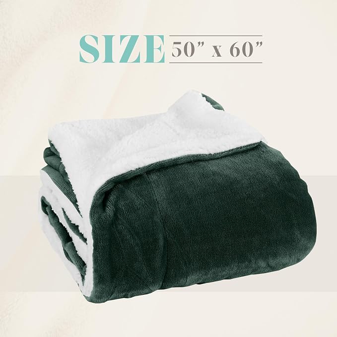 Elegant Comfort Throw Blanket, Reversible Sherpa Flannel, Ultra-Soft, Fuzzy, Cozy and Plush- All Season Lightweight Decorative Throw, 50 x 60 inches, Solid Sherpa Throw, Hunter Green