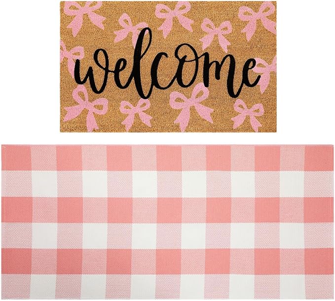2 Pcs Outdoor Door Mat Combo Set Layered Outdoor Rug and Coir Welcome Doormat Non Slip Outside Floor Mat for Front Porch Entryway Patio Yard Decor(Bow Welcome,24'' X 51',18'' X 28'')