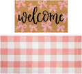 2 Pcs Outdoor Door Mat Combo Set Layered Outdoor Rug and Coir Welcome Doormat Non Slip Outside Floor Mat for Front Porch Entryway Patio Yard Decor(Bow Welcome,24'' X 51',18'' X 28'')