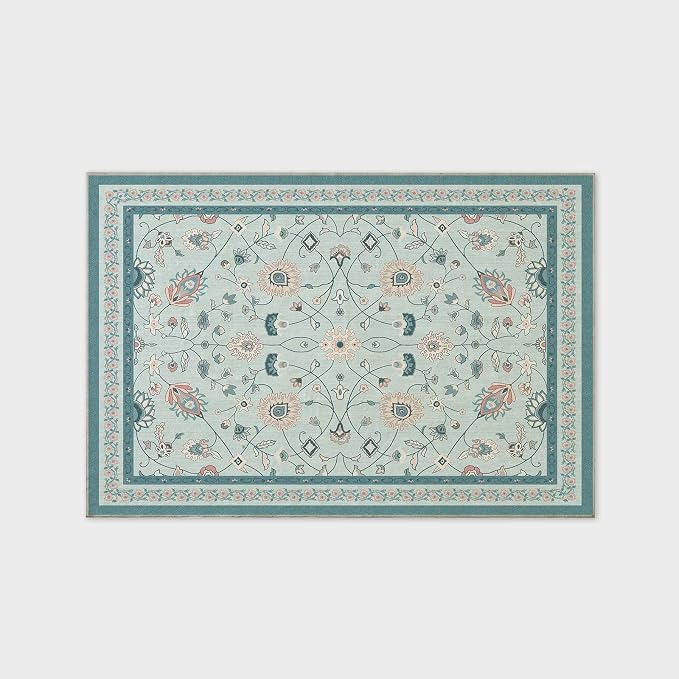 EVERGRACE Area Rugs for Living Room 4x6, Boho Floral Faux Wool Indoor Outdoor Rugs, Washable Rugs for Bedroom Entryway Dining Room Hallyway, Low Pile Floor Mat Carpet for Home Decor, Pale Blue