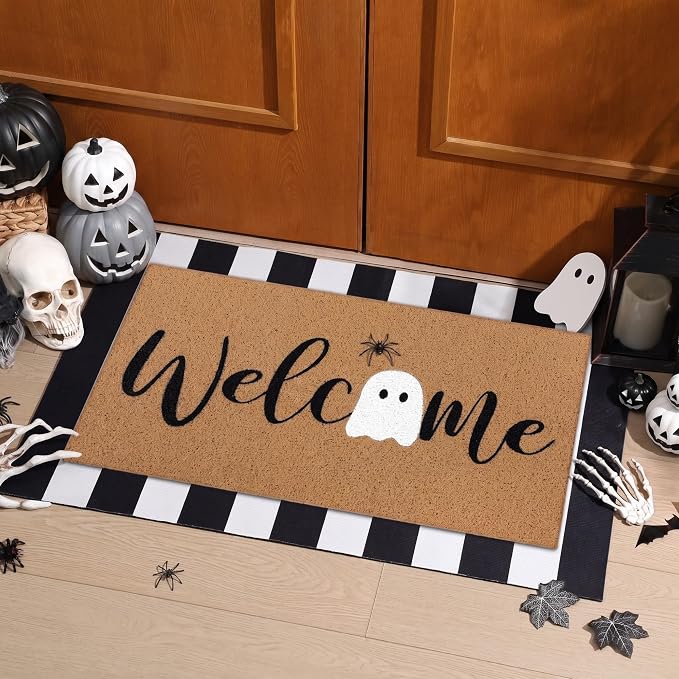Tinideya 2 Pcs Halloween Welcome Mats for Front Door, Ghost Welcome Mat with Black White Buffalo Plaid Rug, Layered Doormat Set for Front Porch Entryway Outdoor Fall Decor