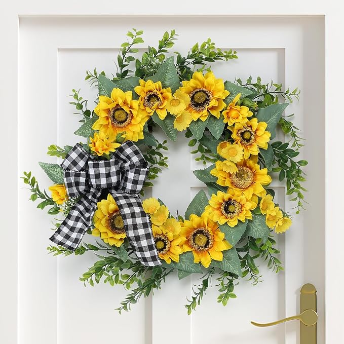 Garvee Summer Wreaths for Front Door, 18" Artificial Sunflower Wreath | Faux Greenery Wreath with Yellow Floral and Buffalo Check Bow, for Farmhouse Porch Window Wall Home Decor