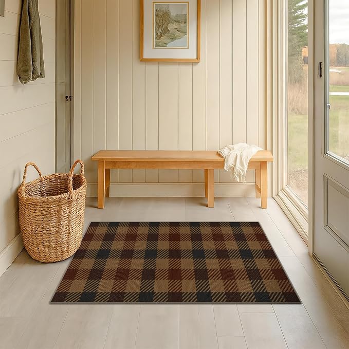 2x4 Entryway Door Mat Indoor – Washable Non Slip Small Rug for Front Door, Kitchen Sink, Mudroom, Garage Entry, Low Profile Easy Clean Farmhouse Plaid Floor Mat