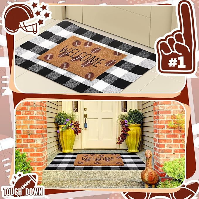 Moucuny 2 Pcs Football Coir Welcome Doormat Outdoor 16'' x 28' Football Coir Mats Layered 24'' x 35'' Black and White Plaid Rug for Front Door Porch Outdoor Entryway Decor