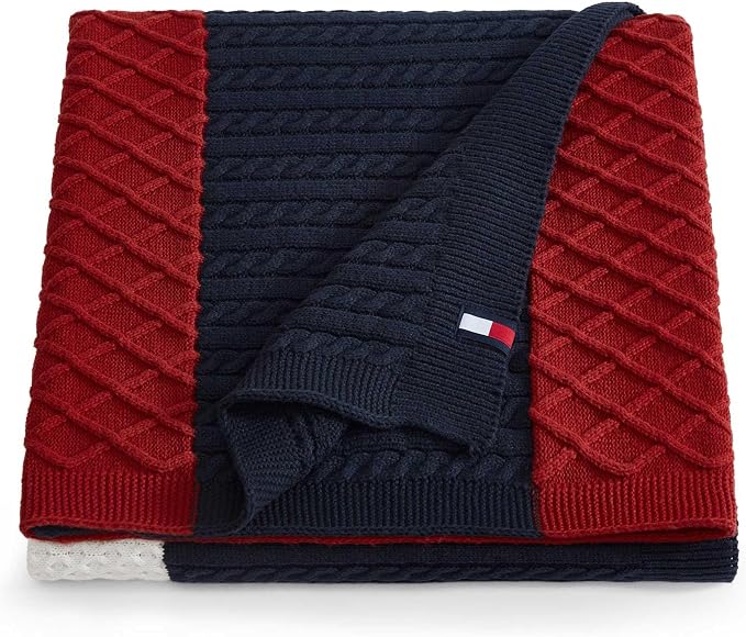 Tommy Hilfiger - Oversized Knit Throw Blanket, 50" x 70", Soft Throw Blanket for Couch or Bed, Cozy Bedding for Year Round (Mixed Knit Flag Blue)