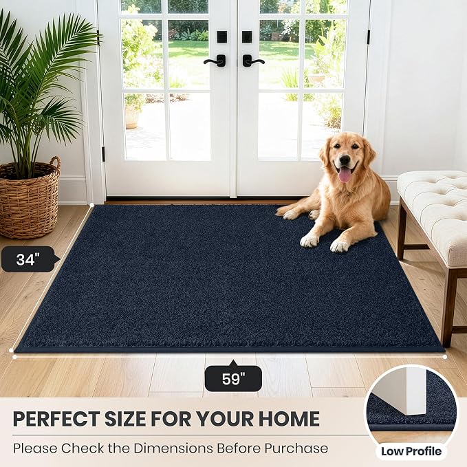 PURRUGS Dirt Trapping Door Mat 34" x 59", Non-Slip Machine Washable Entryway Rug, Dog Doormat, Indoor Front Door Mat, Super Absorbent Entry Rug for Muddy Shoes & Paws, Navy Blue
