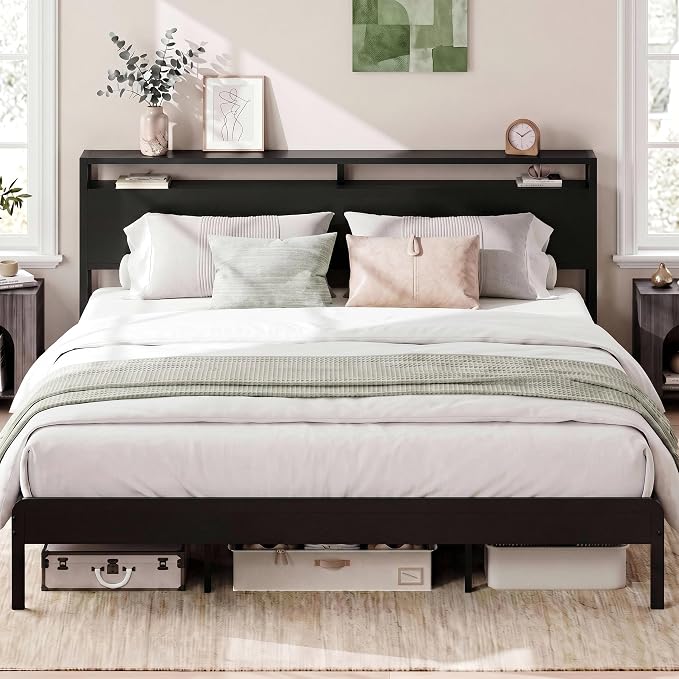 LIKIMIO King Size Bed Frame with 2-Tier Storage Shelf Headboard | Dark Wood Platform Bed, Camas King with Strong Metal Supports, Sturdy, Noise-Free, No Box Spring Needed, Classic Black