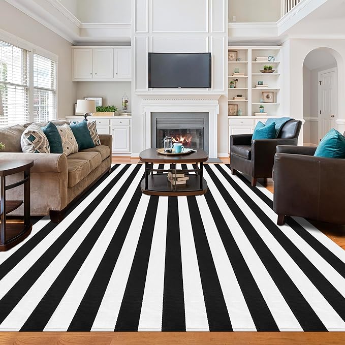 Black and White Striped Rug Woven Mat Outdoor Area Carpet 8x10 Feet | Black and White Thick Stripes Rug Cotton Washable Indoor/Outdoor Area Rug for Living Room Bedroom Bathroom Home Decor Carpet