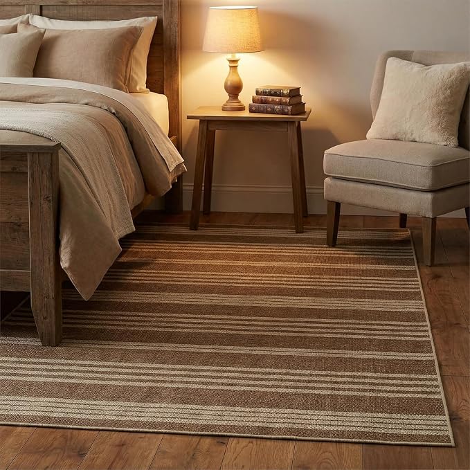COZYLOOM Large Outdoor Rug 8x10 Rugs for Living Room Striped Easy Jute Rug with Non Slip Backing, Non Shedding Stain Resistant Contemporary Foldable Mats for Bedroom RV Patio, White/Coffee