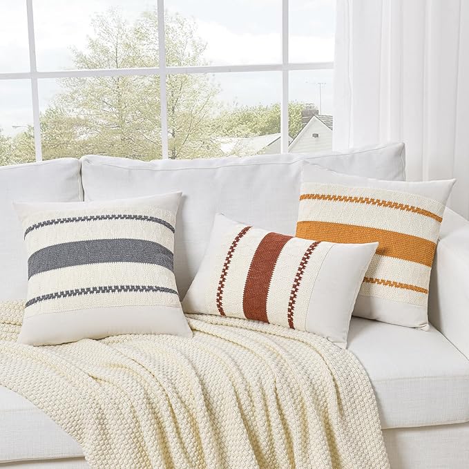 Fancy Homi Set of 1 Neutral Grey Farmhouse Decorative Throw Pillow Covers 16x16 Inch for Couch Bed Chair Indoors, Vintage Country Rustic Retro Room Decor, Soft Thick Cotton Handmade Woven Cushion Case