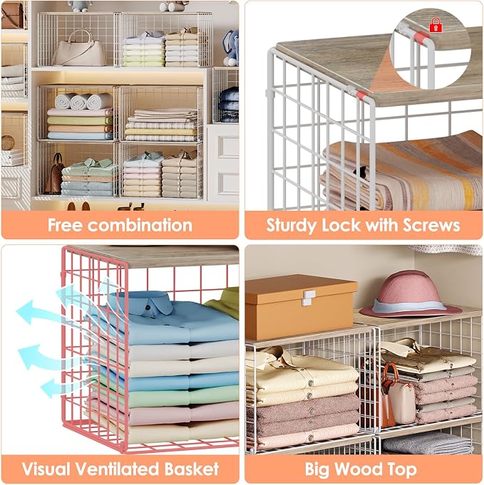 6 Pack Extra-Long Closet Organizers and Storage with Top Board, Stackable Closet Shelf Organizer, Double Storage Design, Clothes Storage Cube/Bin/Basket for Wardrobe, Space-Saving, White,Sturdy,Metal