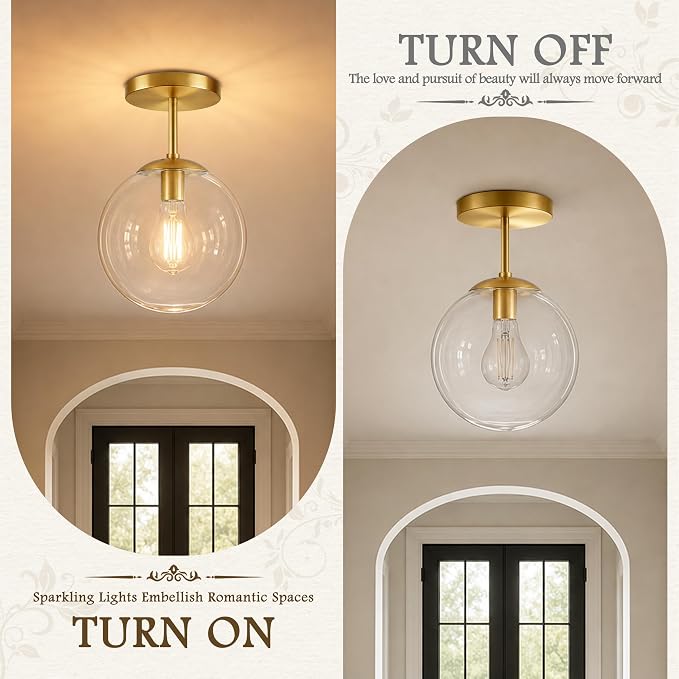 Gold Semi Flush Mount Ceiling Light Globe Ceiling Light Brass Finish with Clear Glass Shade, Contemporary Mid Century Modern Style Lighting for Hallway Living Room Bedroom Storage Kitchen (Bulb Incl.)