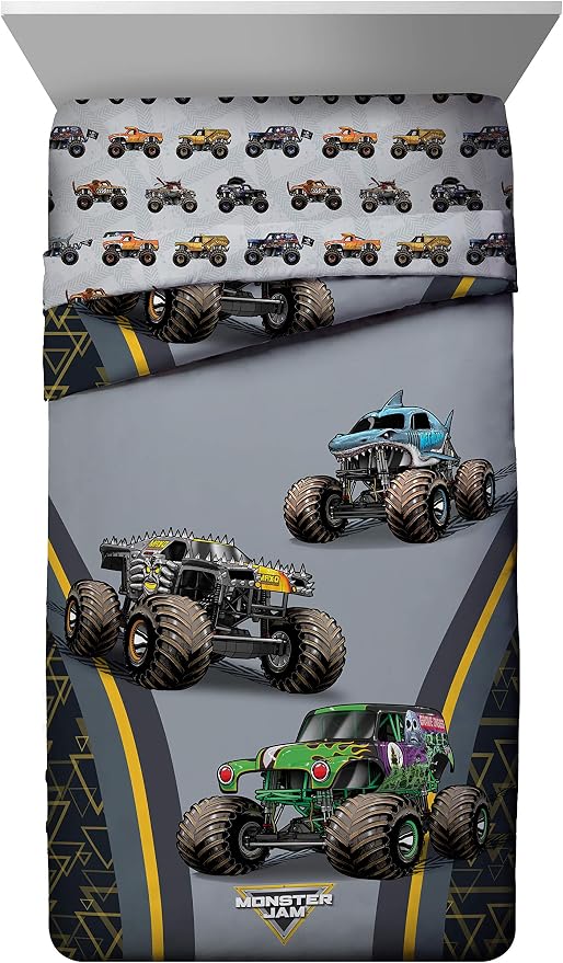 Jay franco Monster Jam MJ Life 4 Piece Twin Bed Set-Includes Reversible Comforter&Sheet Set-Bedding Features Grave Digger, Max-D, Megalodon-Super Soft Microfiber-(Official Monster Jam Product) | Grave Digger Megalodon, Bed in a Bag, Comforter Sheets Pi...