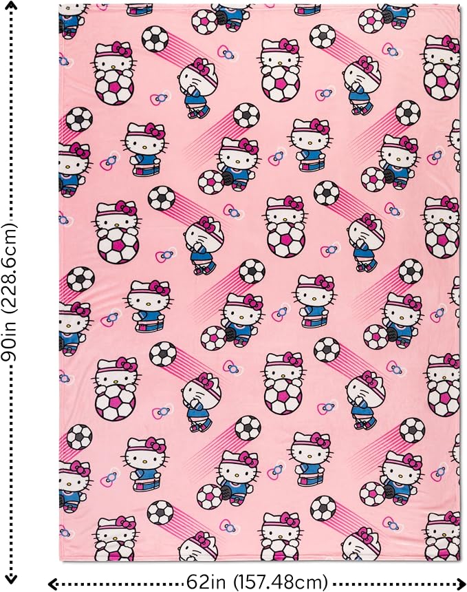 Hello Kitty Kids Soccer Blanket, 90 in x 62 in, Soft Plush Throw for Couch, Bed, or Sporting Events, 2026 World Tournament (Officially Licensed Product) by Franco