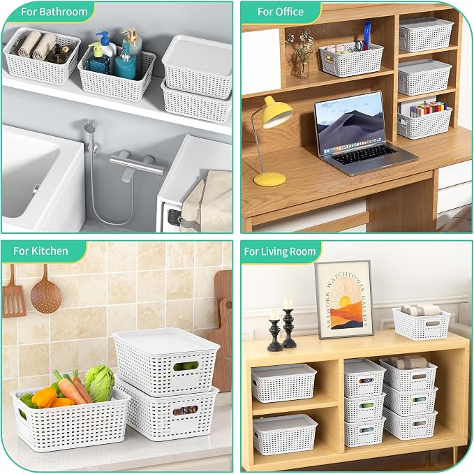8 Pack Plastic Storage Baskets,White Stackable Bins with Lid | 5.3qt Storage Containers with Labels for Organizing Shelves Drawers Desktop Closet Playroom Classroom Office