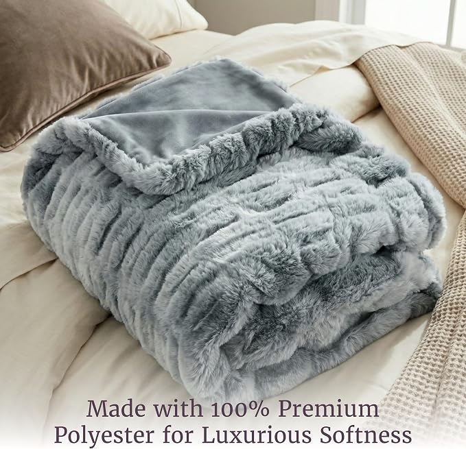 Lavish Home Oversized Ruched Faux Fur Blanket - 60x80-Inch Plush Polyester Faux Fur Queen-Size Throw for Sofas and Beds - Luxurious Bedding (Silver)