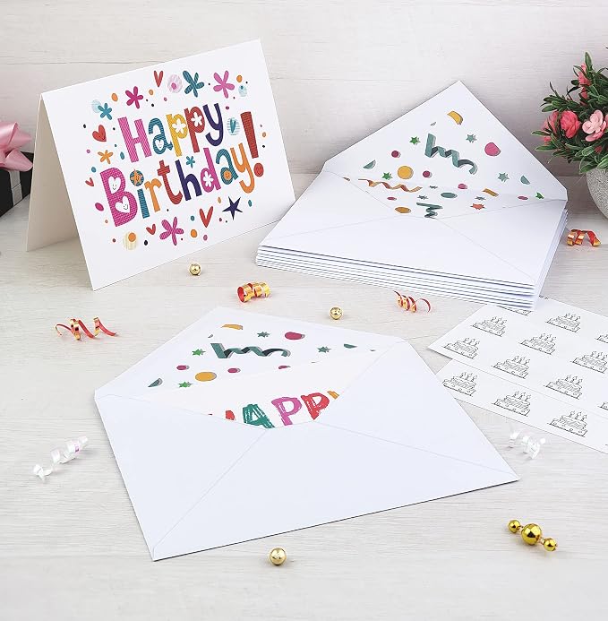 100 Happy Birthday Cards Bulk, Blank Inside with Envelopes and Stickers, – 20 Unique Bright Colorful Designs Notes, Large 5x7 Inches Folded, Thick Cardstock in a Sturdy Packaging