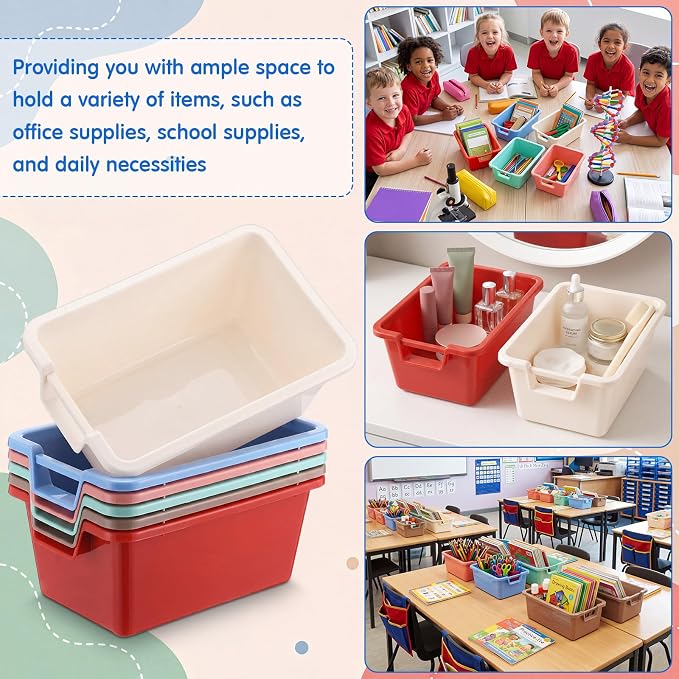 Thyle 12 Pieces Plastic Cubby Bins with Labels Classroom Book Bins Stackable Storage Container Durable Toy Storage Organizer Baskets for School Classroom Office (Handle,Morandi Color2)