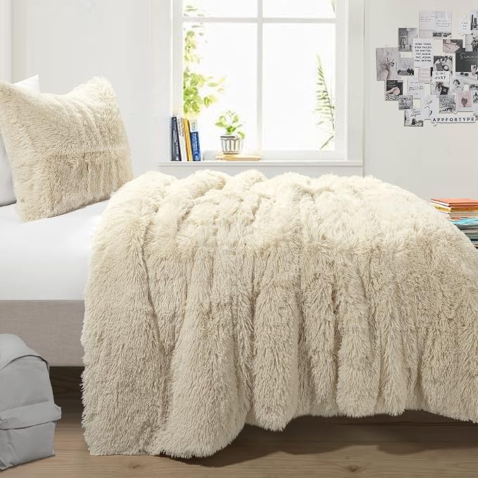 Lush Decor Emma Soft Fluffy Faux Fur Kids College Dorm Oversized Comforter Set, Twin-XL, Wheat - Cute Plush 2 Piece Bedding Set