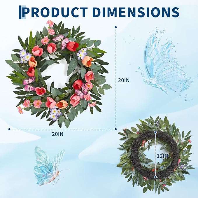 Garvee Spring Wreaths for Front Door, 20 Inch Tulip Wreath | with Colorful Blooms, Eucalyptus Leaves and Butterflies, for Summer Indoor Outdoor Farmhouse Porch Wall Wedding Decor