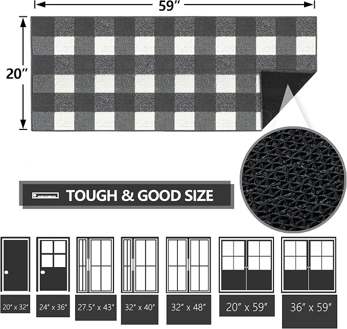 FONEYI Buffalo Plaid Outdoor Rug, 20"x59" Checkered Front Door Mat, Non Slip Absorbent Entryway Rug Doormat Indoor, Washable Outdoor Rugs for Layered Door Mats Front Porch/Farmhouse Grey and White