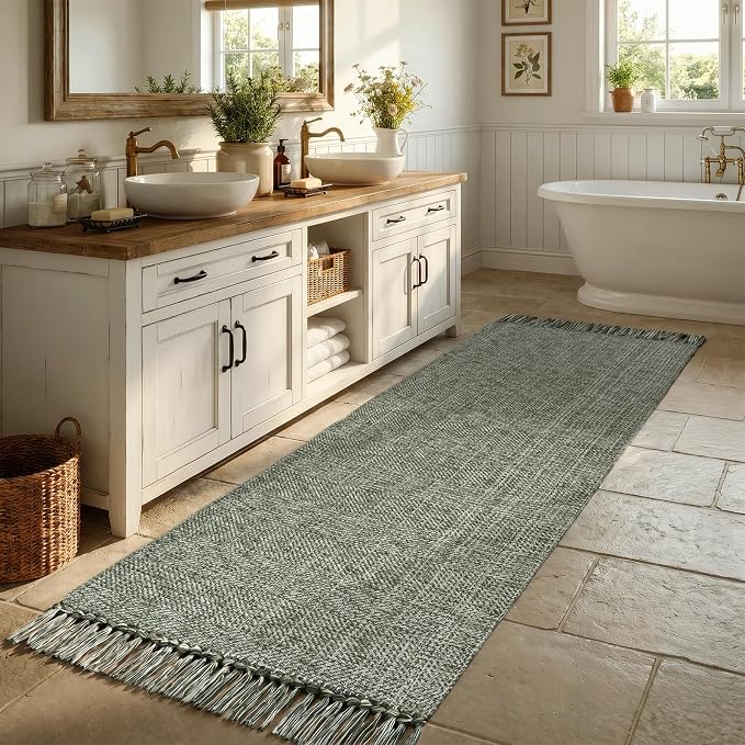 Collive Boho Hallway Runner Rug, 2.6' x 7' Sage Green Bathroom Mats Washable Modern Farmhouse Kitchen Runner Rugs, Hand Woven Entry Hall Carpet for Laundry Bedroom Decor