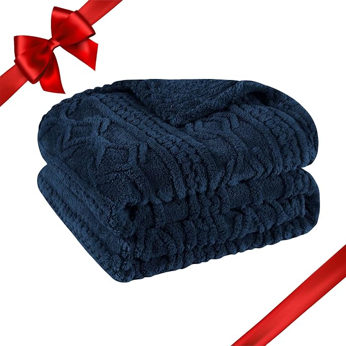 SUPERIOR Fleece Boho Jacquard Blanket, Decorative Blankets for Bedroom, Sofa, Plush, Fluffy, Soft, Cute Room Decor, Beautiful Cover, Comfort Essentials, Arctic Collection, Full/Queen, Navy Blue