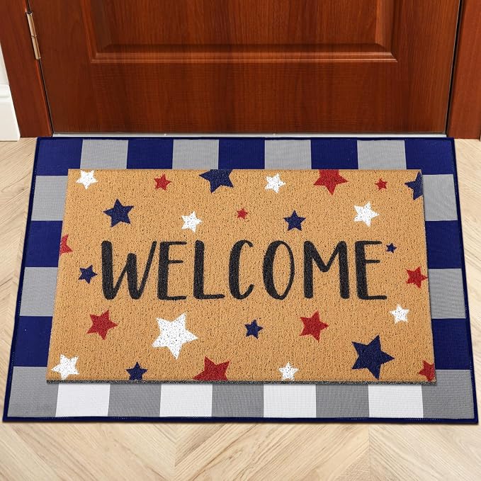 Tinideya 2 Pcs 4th of July Door Mat Patriotic Welcome Non Slip Coir Mats Red Blue White Independence Day Star Buffalo Floor Layering Doormats Seasonal for Front Porch Entryway Decor(Independence Day)