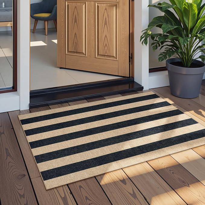 Lahome Striped Easy Jute Front Door Mat, 2x3 Kitchen Outdoor Rug Washable | Indoor Entryway Rugs Black, Modern Farmhouse Neutral Non Slip Non Shedding Small Carpet for Floor Foyer Entrance Patio Porch