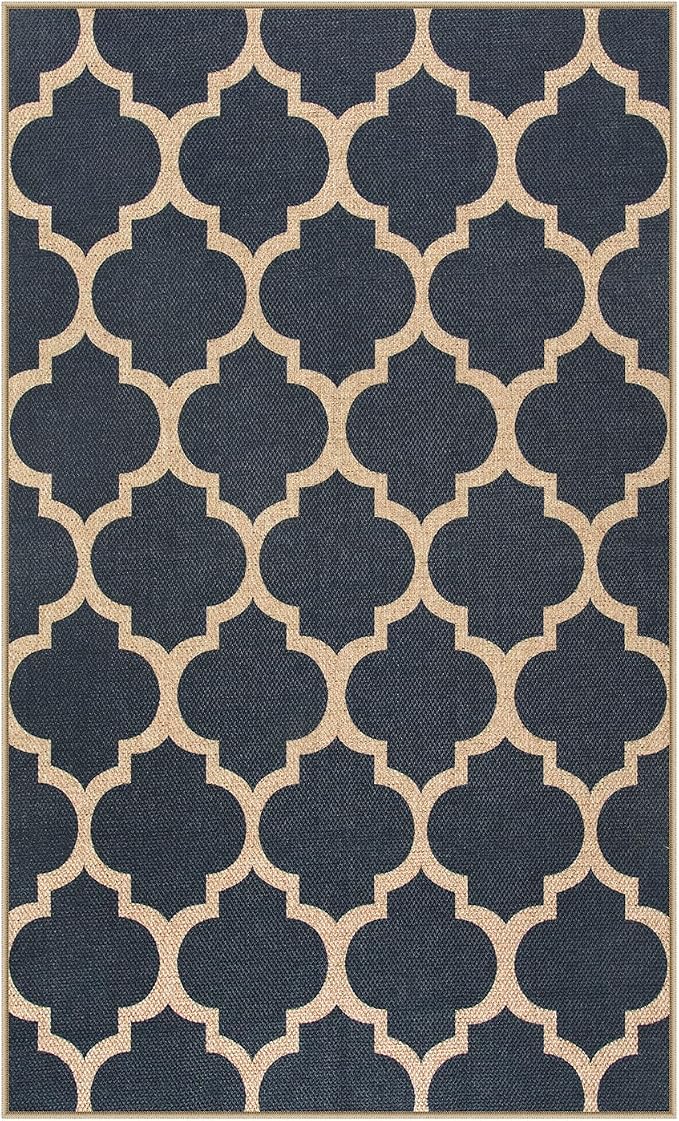 Lahome Moroccan 3x5 Outdoor Rug, Easy Jute Blue Washable Rug for Entryway Front Porch, Geometric Trellis Woven Non Slip Door Mat for Entrance, Thin Non Shedding Farmhouse Throw Rugs for Balcony